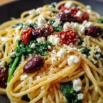 Greek Spaghetti with Feta, Kalamata Olives, and Spinach