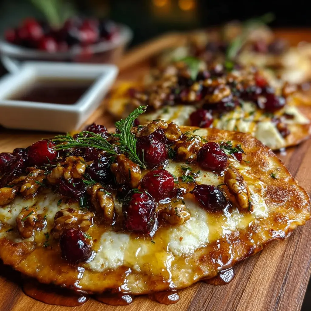 Crispy Flatbread with Brie, Cranberries & Toasted Walnuts + Hot Honey Drizzle