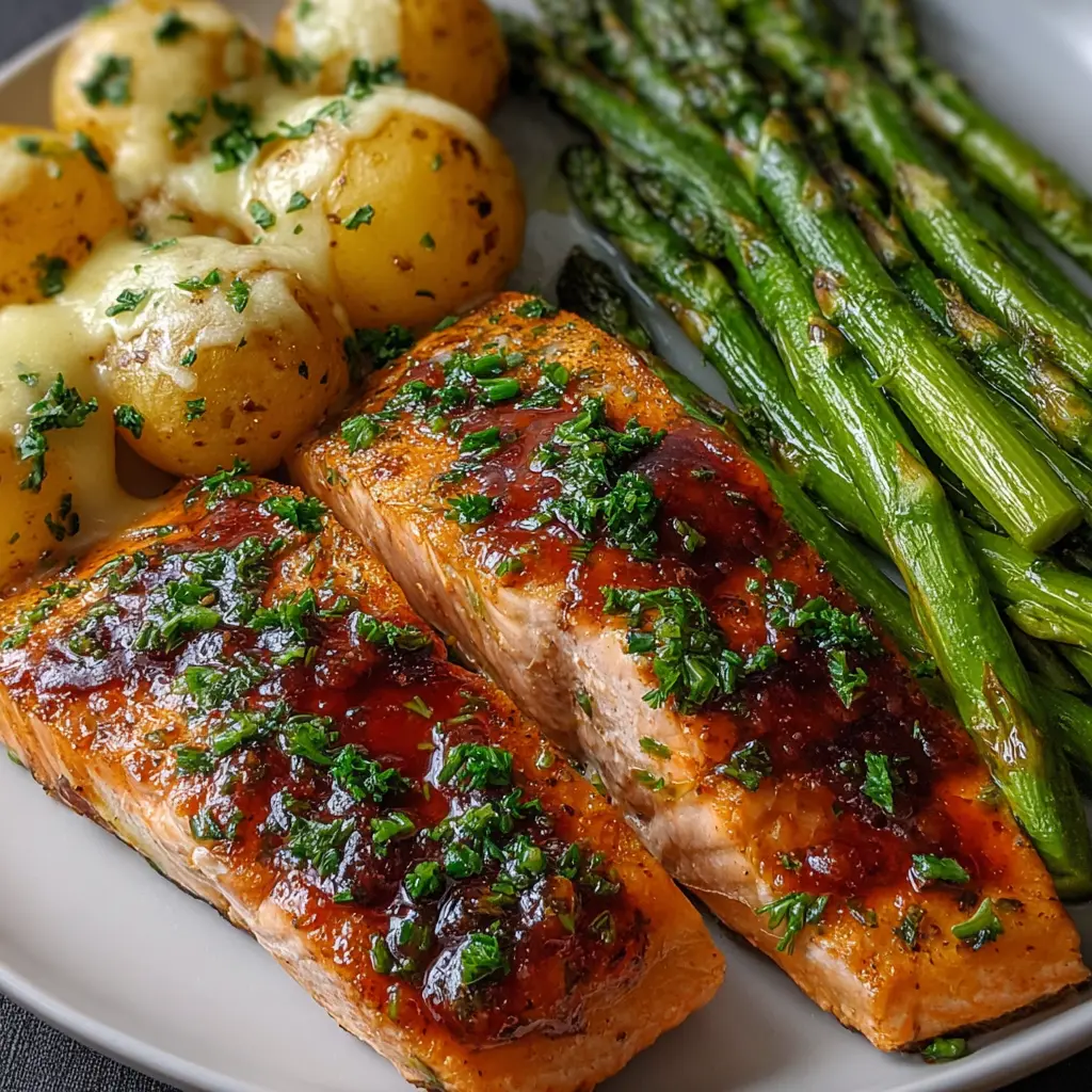 Honey Garlic Glazed Salmon with Cheesy Asparagus & Herb Potatoes