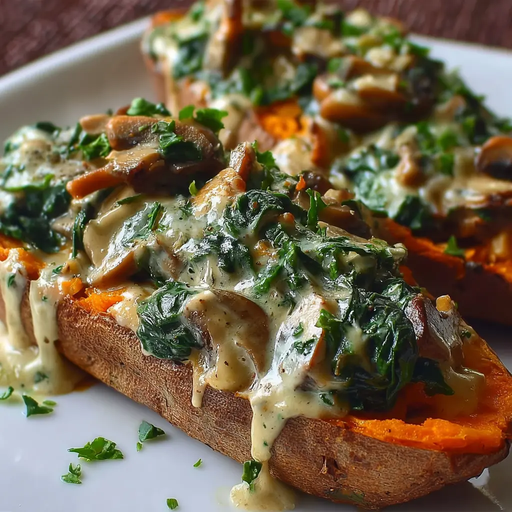 Creamy Mushroom Spinach Sweet Potato Boats