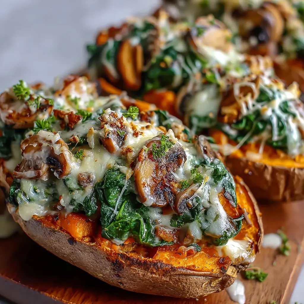 Creamy Mushroom Spinach Sweet Potato Boats