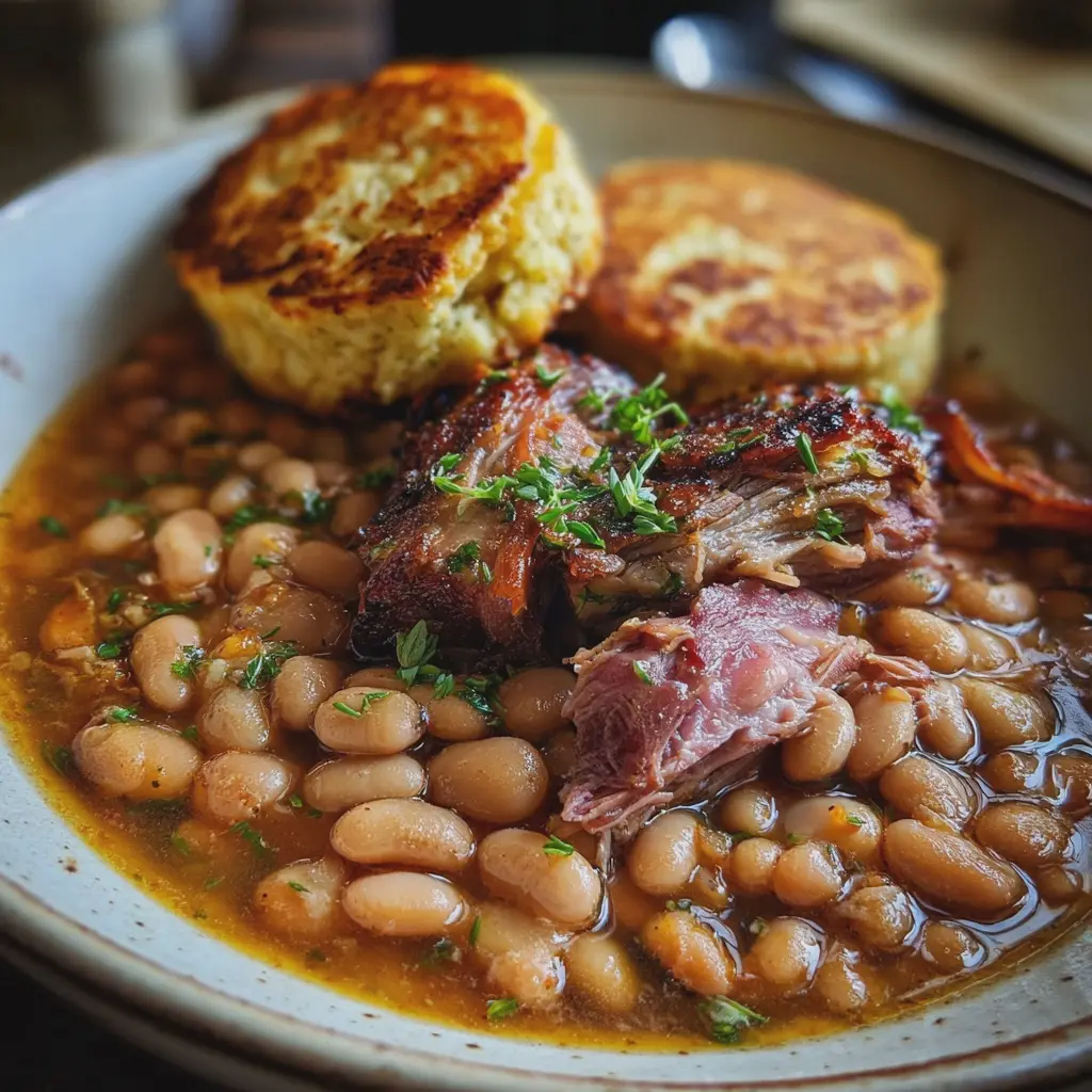 Great Northern Beans with Smoked Turkey Necks + Hoecakes