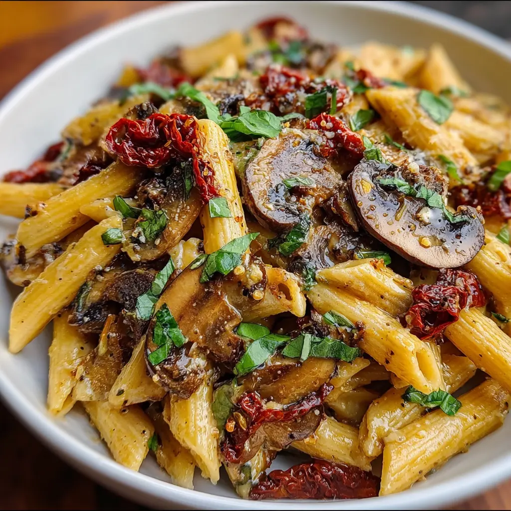 Sun-Dried Tomato & Mushroom Pasta in Garlic Basil Sauce (Meatless)
