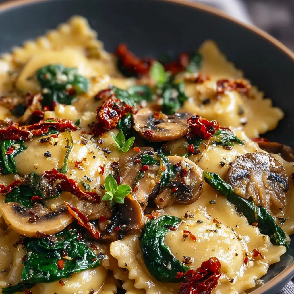Vegan Ravioli with Spinach, Mushrooms & Sun-Dried Tomatoes