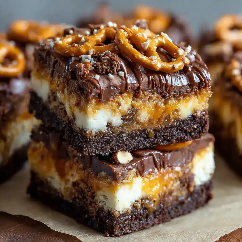 Loaded Chocolate Toffee Pretzel Crunch Cookie Cheesecake Bars