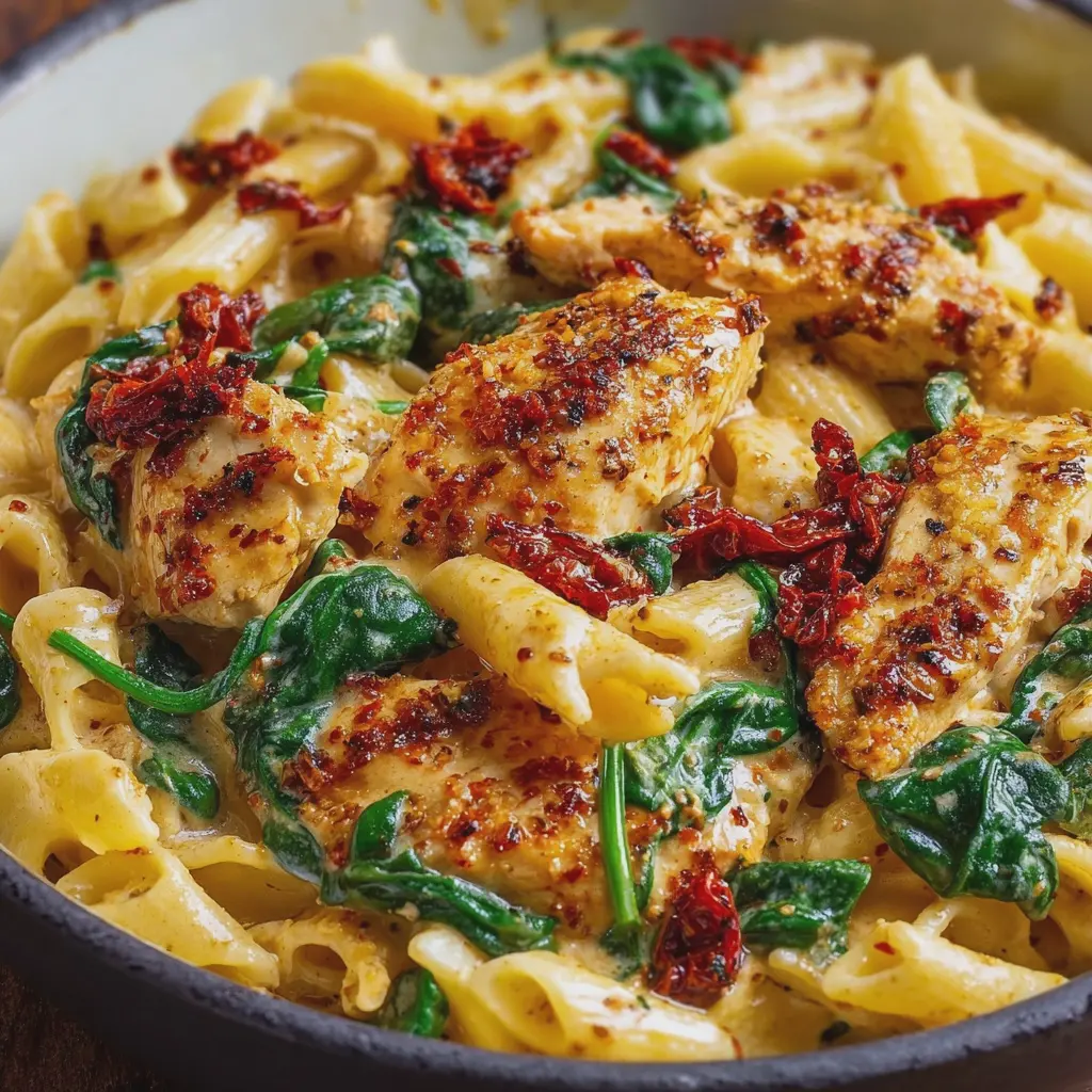 Asiago Chicken Pasta with Sun-Dried Tomatoes, Spinach, Garlic, and Paprika in 30 Minutes!