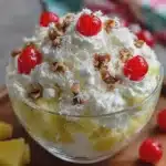 Pineapple Fluff Ingredients: 1 container whipped topping, thawed 1 cup mini marshmallows 1/2 cup shredded sweetened coconut 1/2 cup chopped pecans or walnuts 1 cup pineapple chunks, drained 1 can (20 ounces) crushed pineapple, undrained 1 package instant vanilla pudding mix Maraschino cherries, for garnish (optional) Directions: In a large mixing bowl, combine the crushed pineapple with its juice and the instant vanilla pudding mix. Stir well until the pudding mix is fully dissolved and slightly thickened. Fold in the whipped topping gently until the mixture becomes light and creamy. Add the mini marshmallows, shredded coconut, chopped pecans or walnuts, and pineapple chunks. Stir until everything is evenly combined. Cover the bowl and refrigerate for at least 1 hour to allow the flavors to blend and the dessert to chill properly. Before serving, give the fluff a gentle stir and garnish with maraschino cherries if desired. Serve chilled in dessert bowls or cups. Prep Time: 10 minutes | Total Time: 1 hour 10 minutes Kcal: 240 | Servings: 8