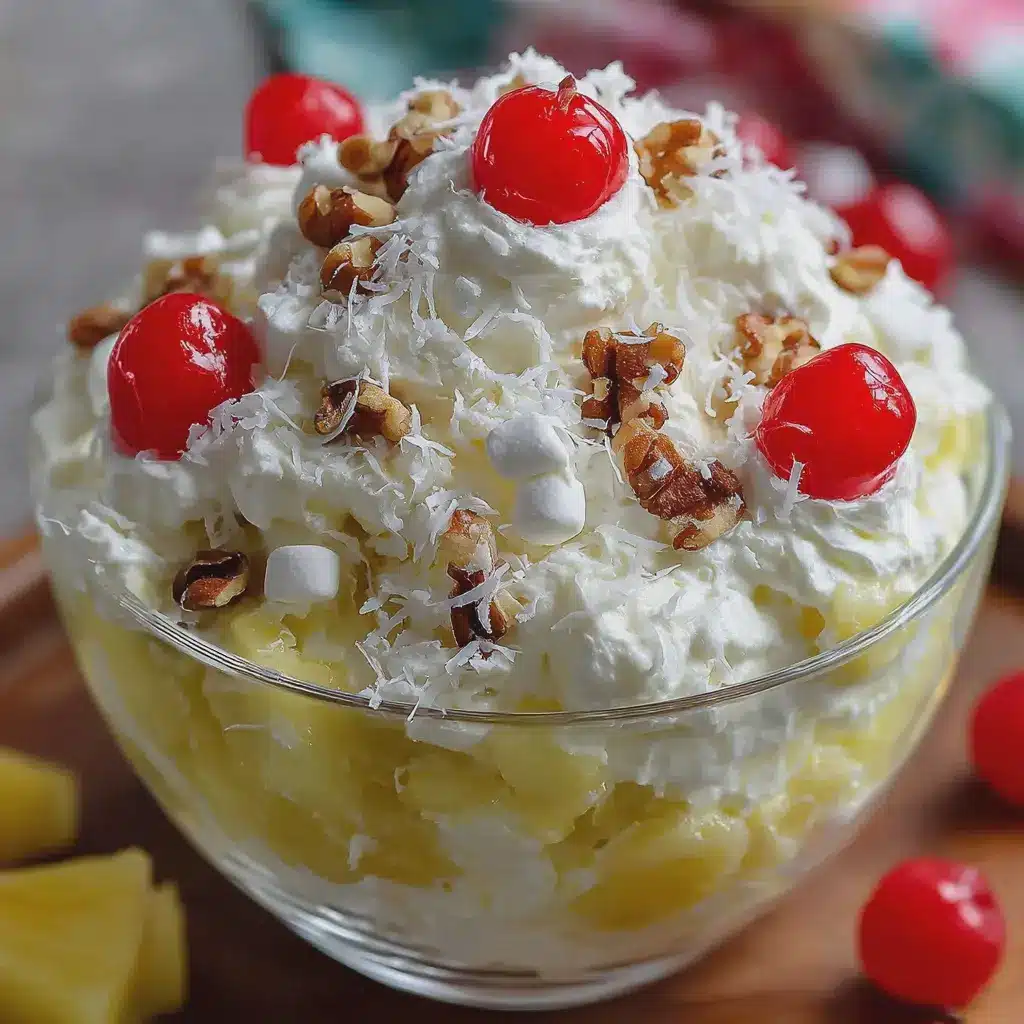 Pineapple Fluff Ingredients: 1 container whipped topping, thawed 1 cup mini marshmallows 1/2 cup shredded sweetened coconut 1/2 cup chopped pecans or walnuts 1 cup pineapple chunks, drained 1 can (20 ounces) crushed pineapple, undrained 1 package instant vanilla pudding mix Maraschino cherries, for garnish (optional) Directions: In a large mixing bowl, combine the crushed pineapple with its juice and the instant vanilla pudding mix. Stir well until the pudding mix is fully dissolved and slightly thickened. Fold in the whipped topping gently until the mixture becomes light and creamy. Add the mini marshmallows, shredded coconut, chopped pecans or walnuts, and pineapple chunks. Stir until everything is evenly combined. Cover the bowl and refrigerate for at least 1 hour to allow the flavors to blend and the dessert to chill properly. Before serving, give the fluff a gentle stir and garnish with maraschino cherries if desired. Serve chilled in dessert bowls or cups. Prep Time: 10 minutes | Total Time: 1 hour 10 minutes Kcal: 240 | Servings: 8