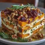 Layered Sweet Potato, Butternut Squash & Carrot Lasagna with Feta, Walnuts & Cranberry-Honey Glaze