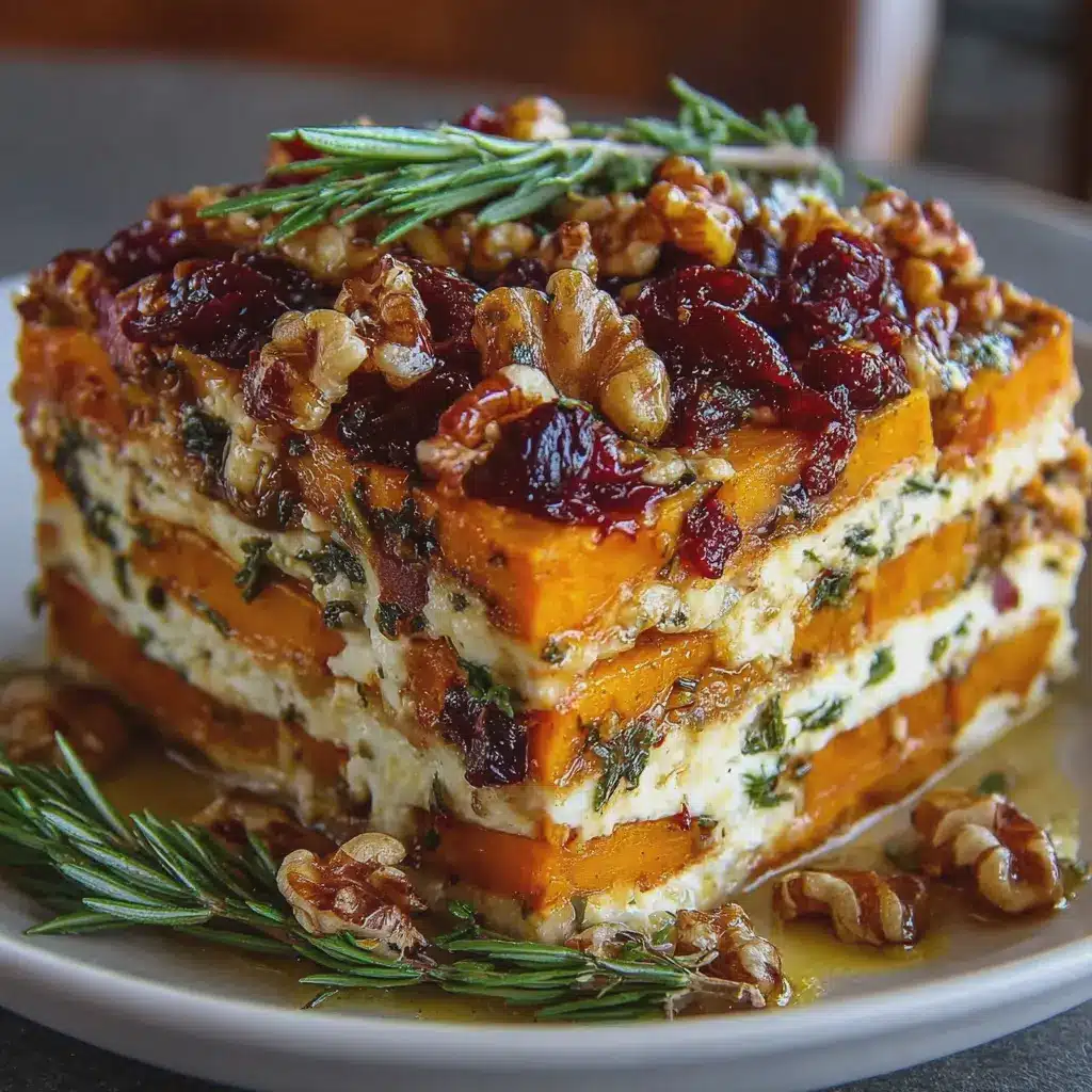Layered Sweet Potato, Butternut Squash & Carrot Lasagna with Feta, Walnuts & Cranberry-Honey Glaze