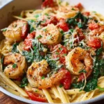 Shrimp Tomato Spinach Pasta with Parmesan