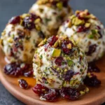 CREAMY CRANBERRY PISTACHIO CHEESE BALLS WITH HONEY