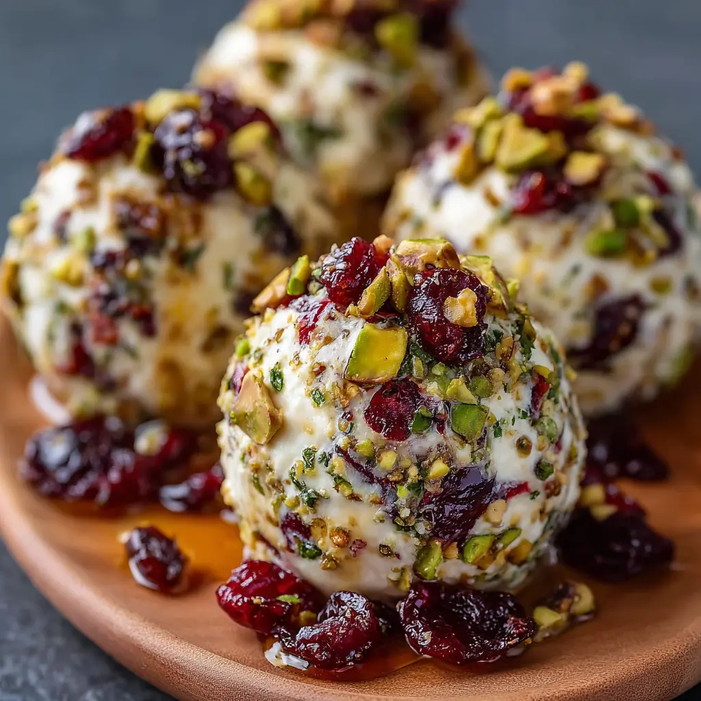 CREAMY CRANBERRY PISTACHIO CHEESE BALLS WITH HONEY