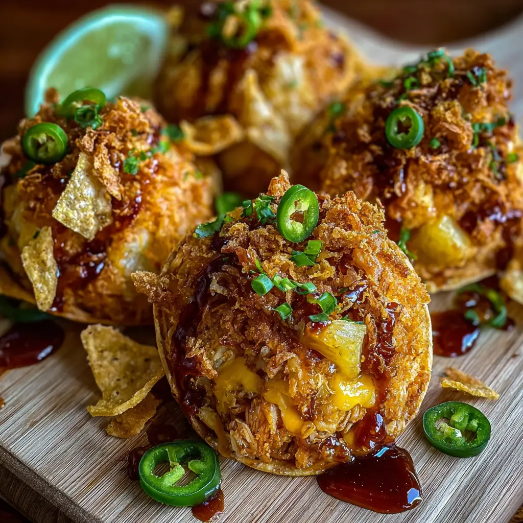 PINEAPPLE JALAPEÑO CHICKEN CRUNCH TACO BOMBS WITH STICKY CHILI HONEY