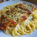 Mozzarella Parmesan Garlic Chicken with Creamy Spaghetti