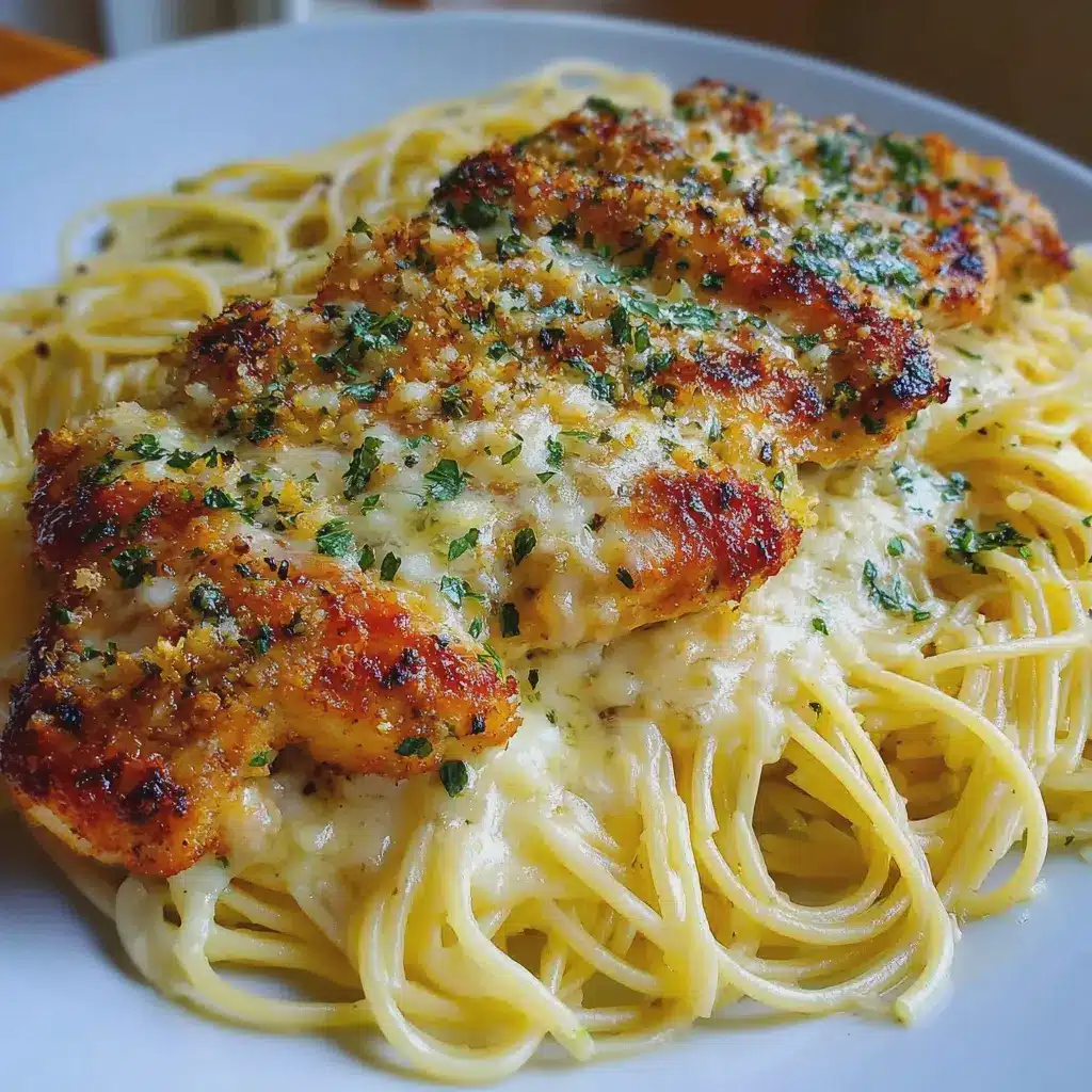 Mozzarella Parmesan Garlic Chicken with Creamy Spaghetti