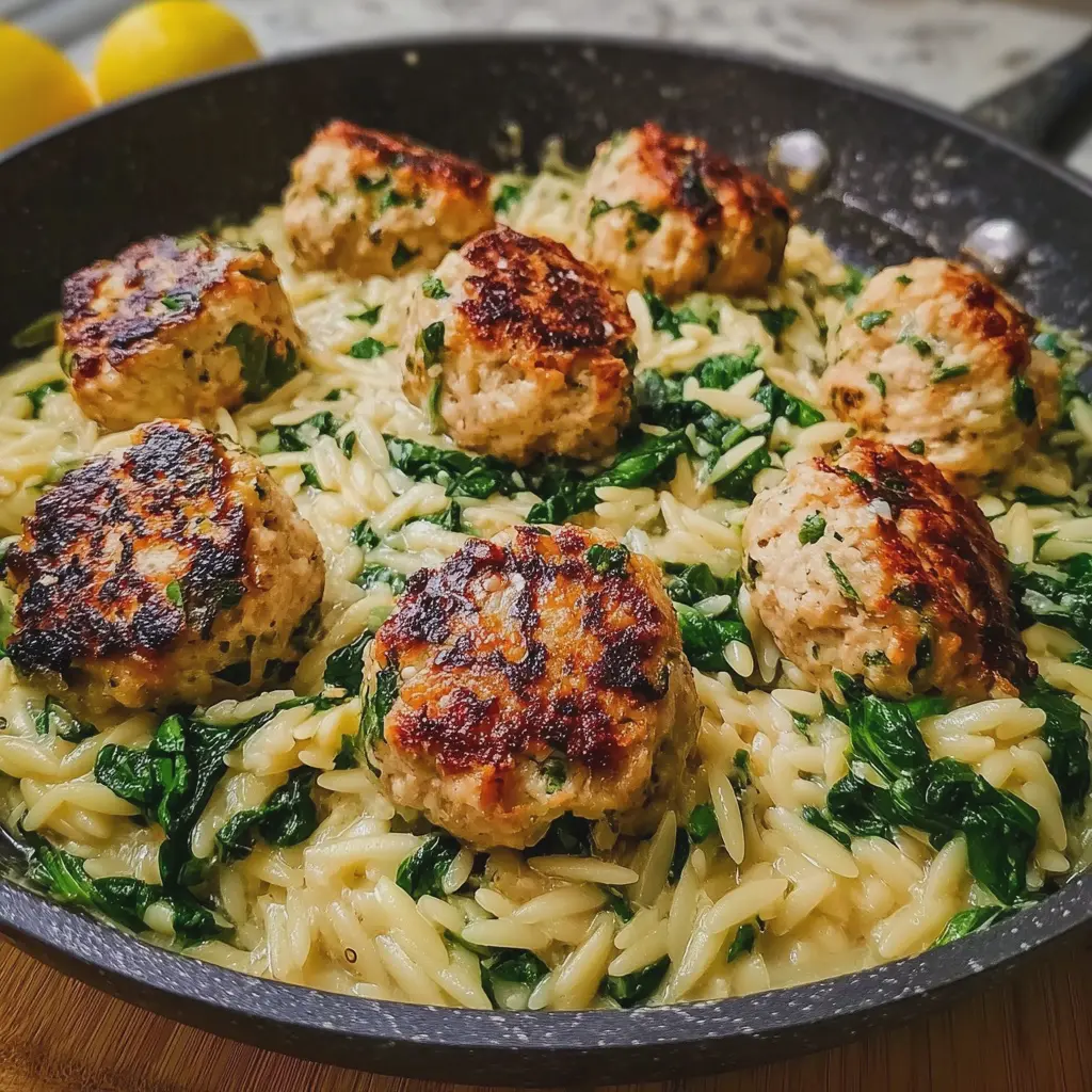 Lemony Chicken Ricotta Meatballs Over Garlic Spinach Orzo