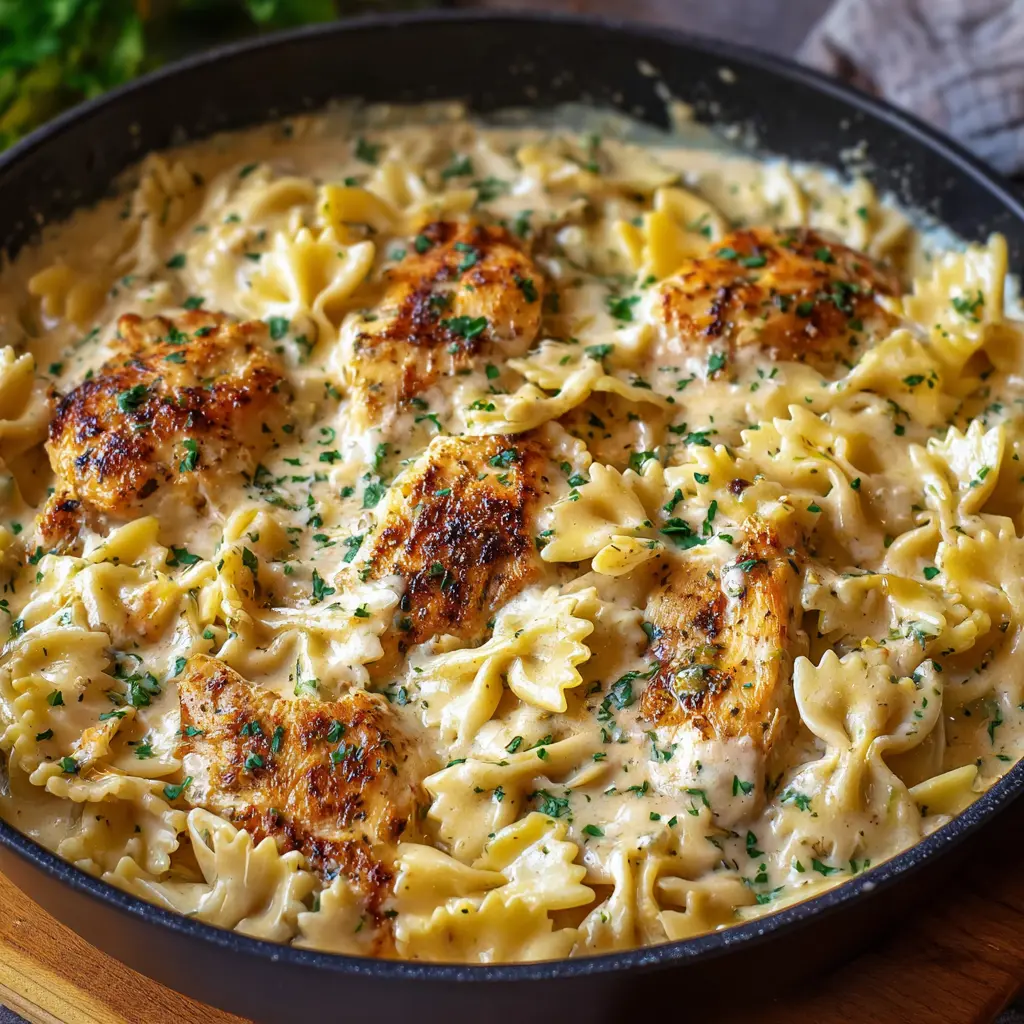 MOZZARELLA GARLIC BUTTER CHICKEN BOWTIES IN CHEESY CREAM