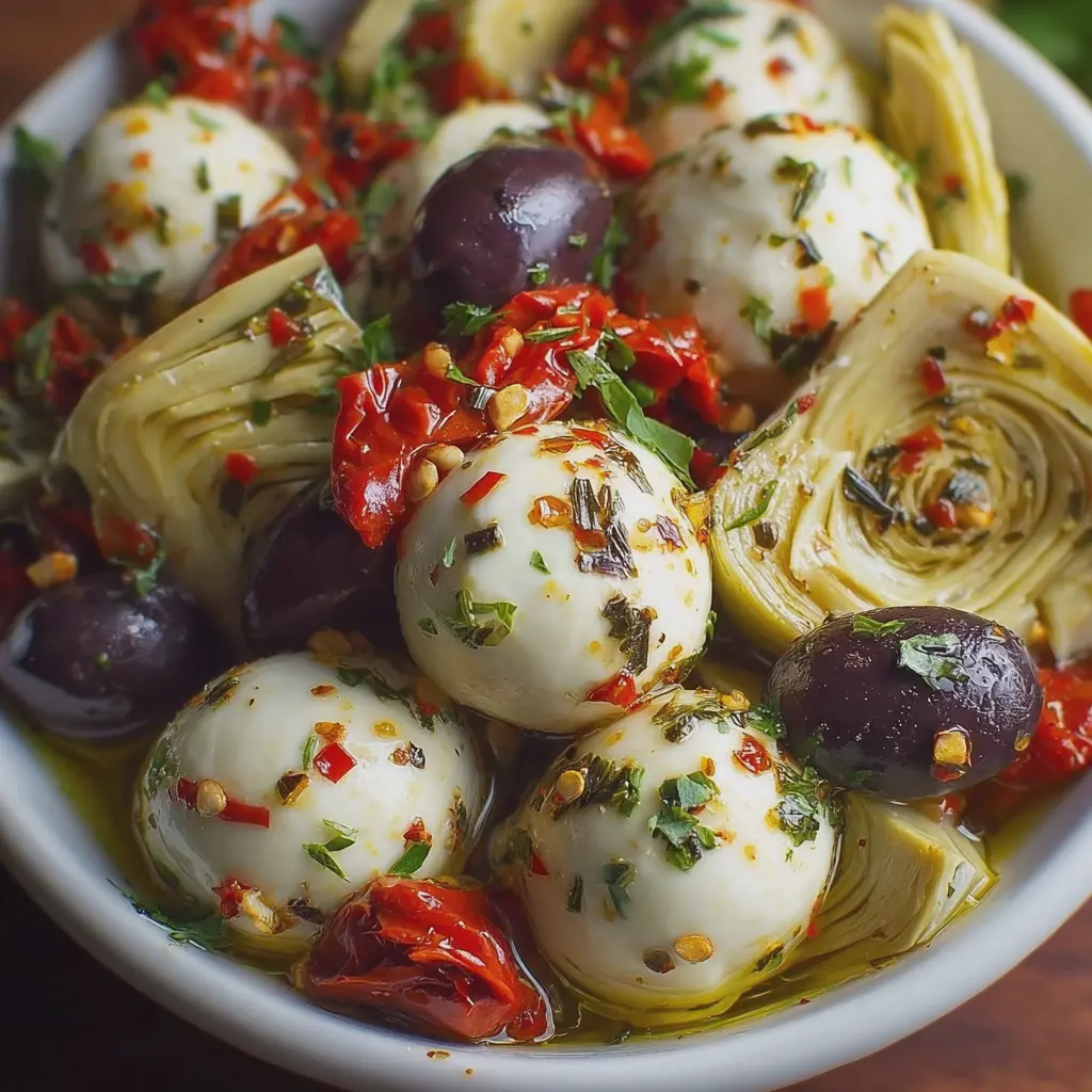 Marinated Mozzarella Balls, Artichokes, and Olives