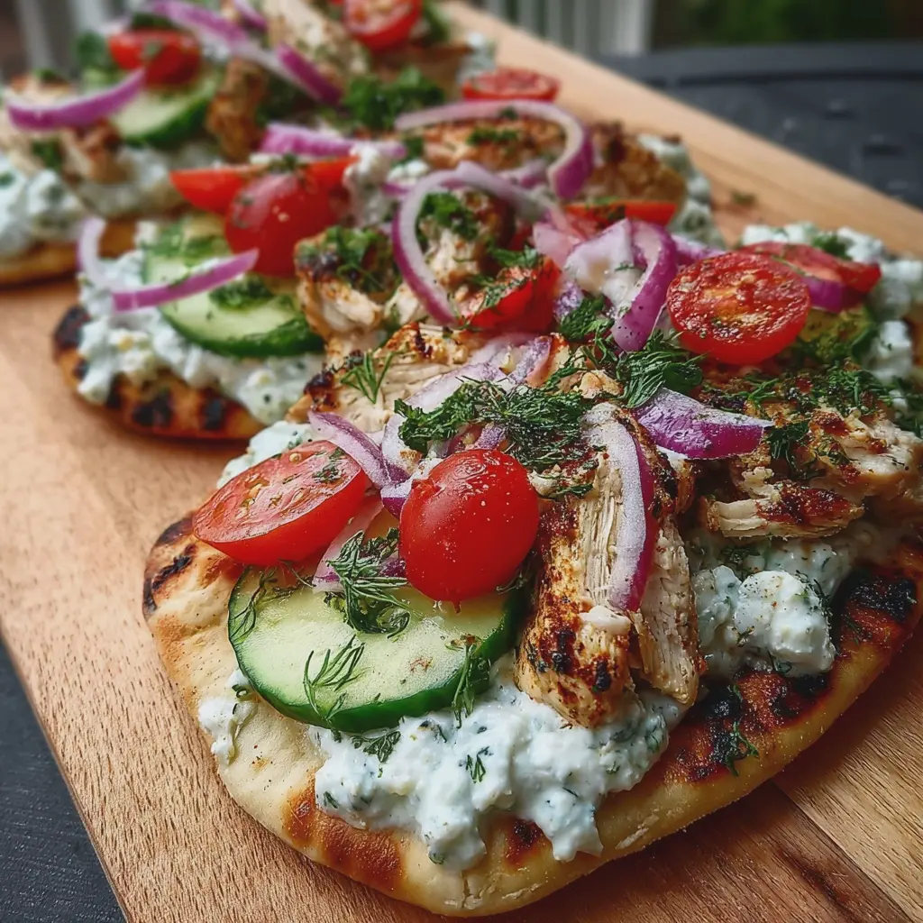 Creamy Greek Chicken Flatbread with Tzatziki, Cucumbers, Tomatoes & Red Onion ✨