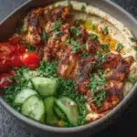 Spicy Garlic Chicken Bowl with Hummus & Cucumber Salad