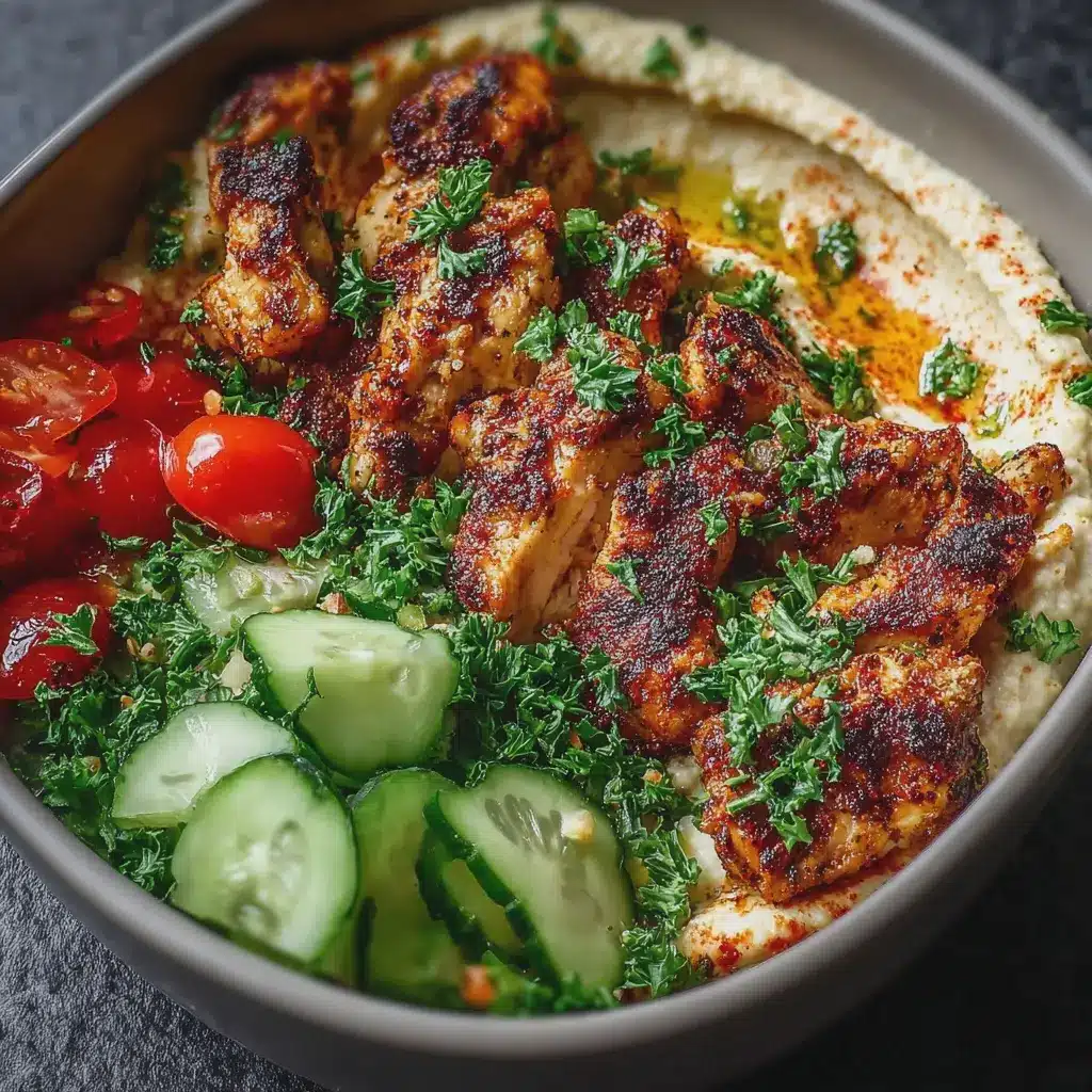 Spicy Garlic Chicken Bowl with Hummus & Cucumber Salad