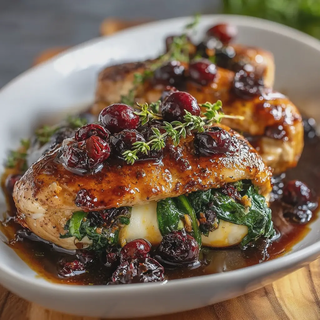 Golden Honey-Balsamic Chicken Stuffed with Brie, Cherries, and Spinach