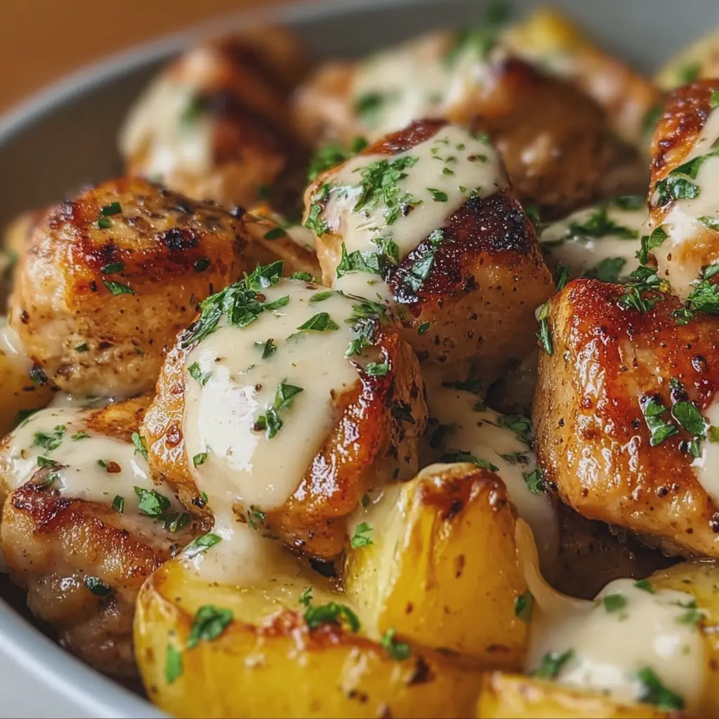 Garlic Butter Chicken Bites with Parmesan Cream Sauce and Cheesy Roasted Potatoes