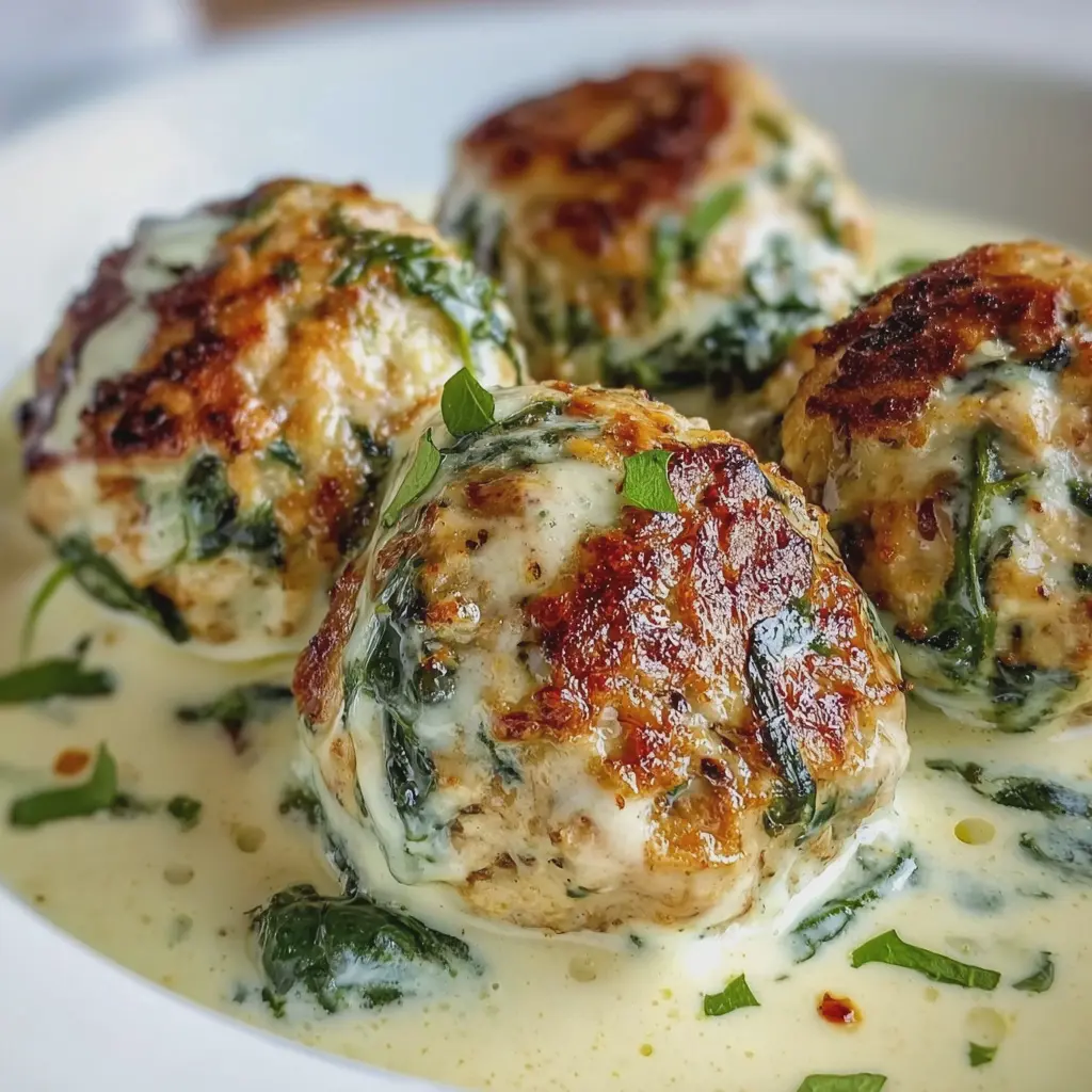 Baked Chicken Ricotta Meatballs with Spinach Alfredo Sauce