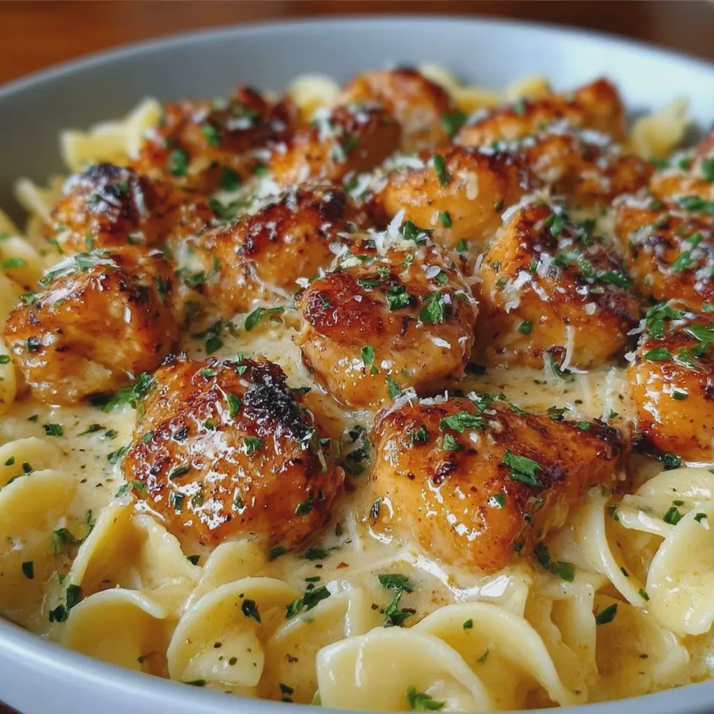 Garlic Butter Chicken Bites with Creamy Parmesan Pasta