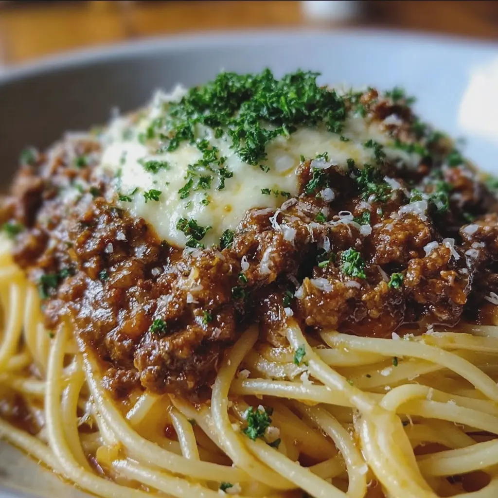 Beef Bolognese with Creamy Garlic Butter Spaghetti