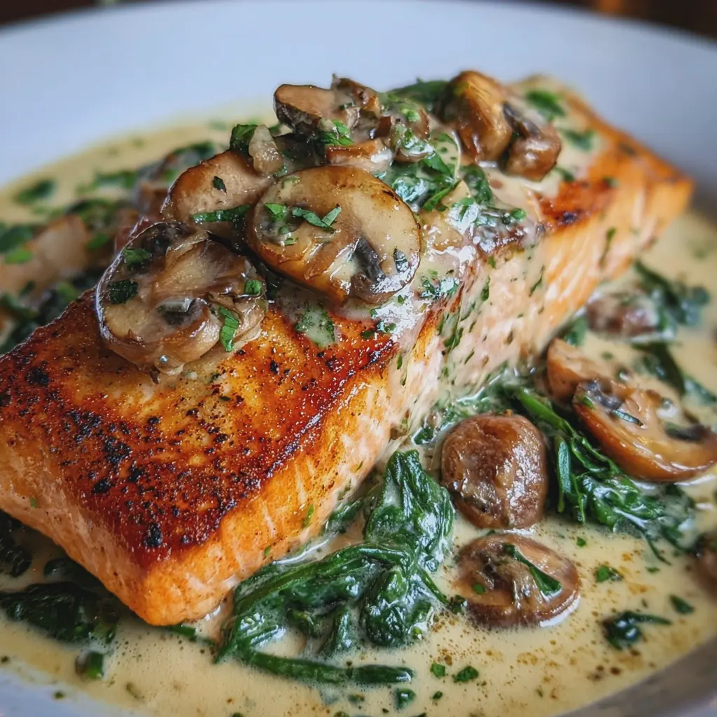 Salmón Cremoso al Ajillo con Espinacas y Champiñones
