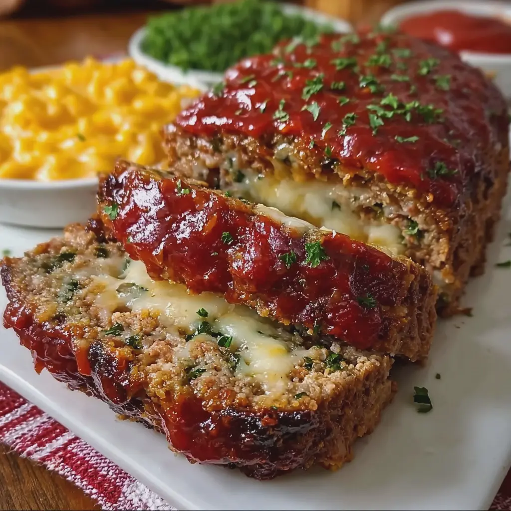 Cheesy Stuffed Meatloaf with Tangy Tomato Glaze