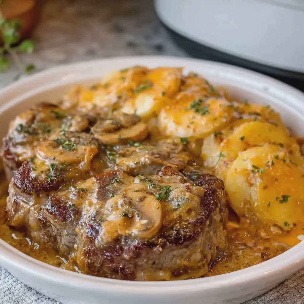 Slow Cooker 4 Ingredient Beef Chops and Scalloped Potatoes
