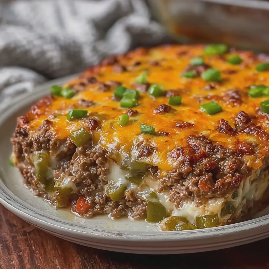 4 Ingredient Cheesy Ground Beef and Green Pepper Bake