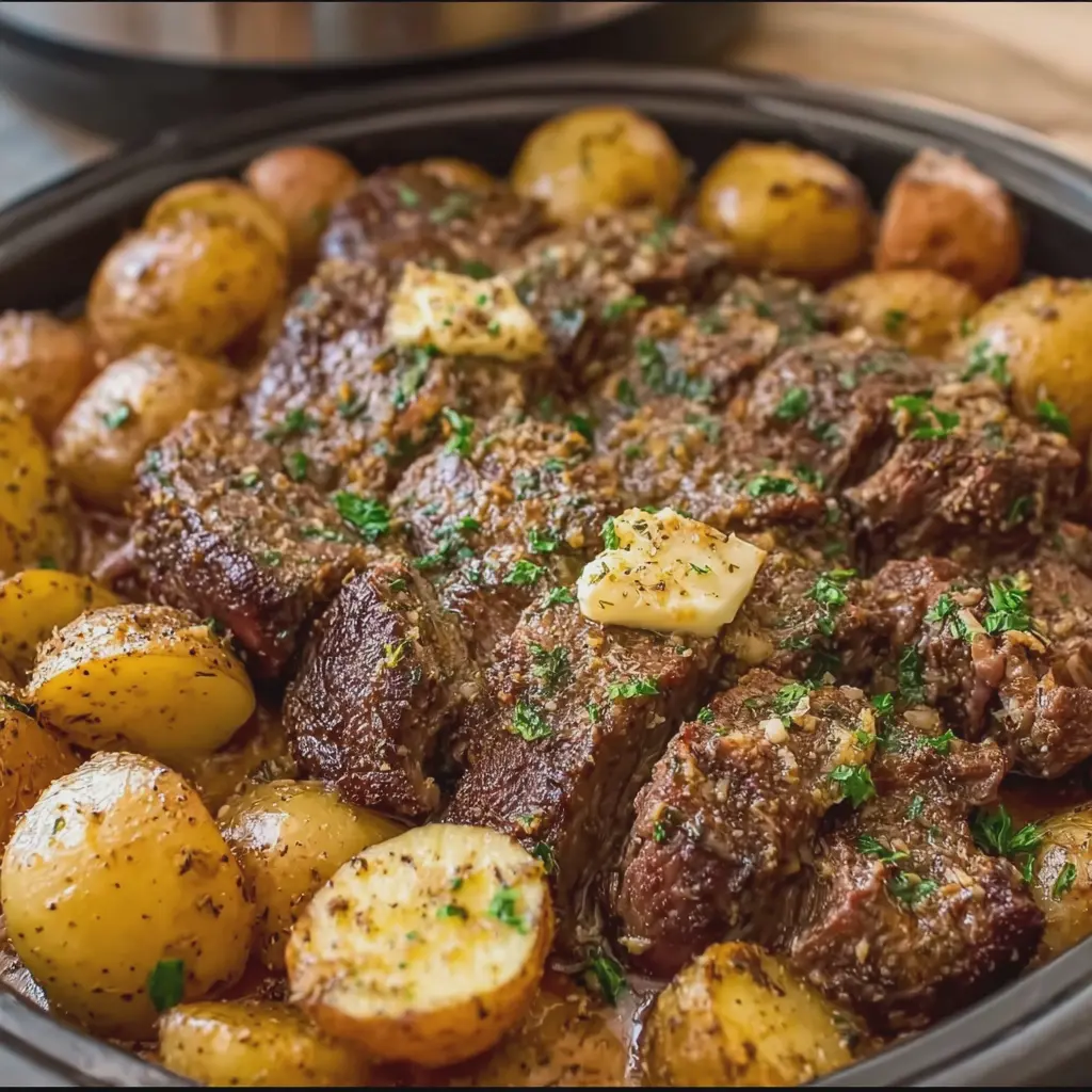Slow Cooker Garlic Butter Steak and Potatoes