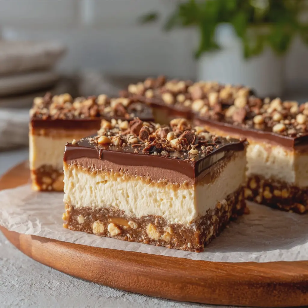 No Bake Snickers Cheesecake Bars