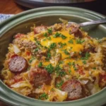 Crockpot Cheesy Cabbage and Beef Sausage Casserole