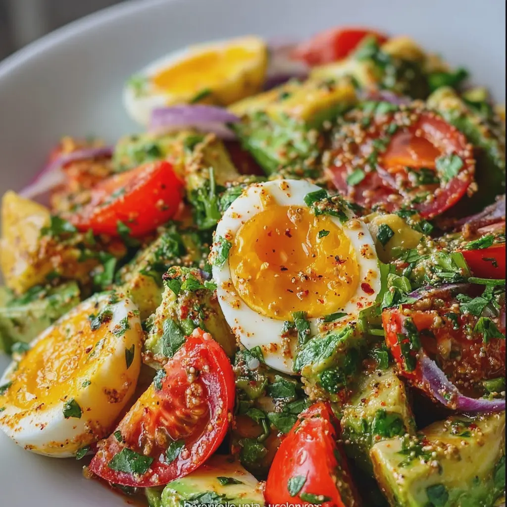 Loaded Avocado Egg and Tomato Salad with Wholegrain Mustard Dressing